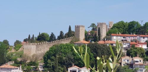 a castle on top of a hill with houses at Studio Apartment Moro 2 in Piran