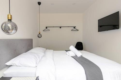 a bedroom with a white bed and a tv at Appartement Albi Parking Gratuit in Albi