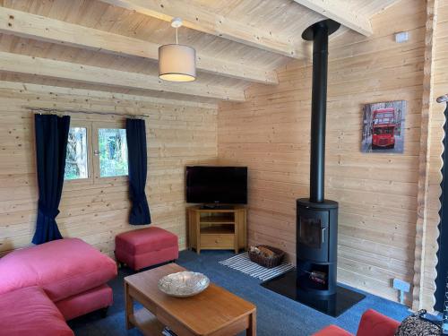 a living room with a woodburning stove in a cabin at Log Cabin in Monmouth