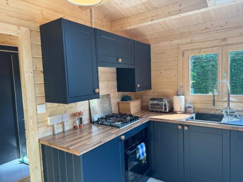 a kitchen with blue cabinets and a stove top oven at Log Cabin in Monmouth