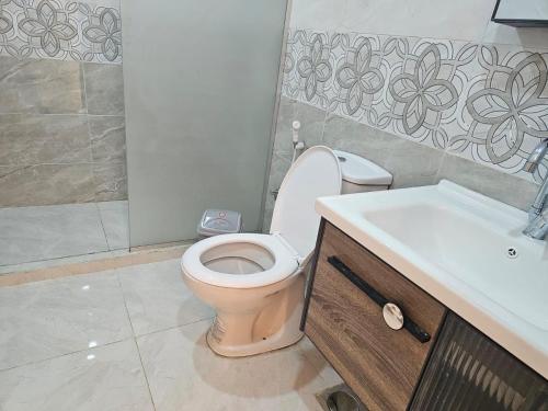 a bathroom with a toilet and a sink at Wadi Rum Magic Stars in Wadi Rum