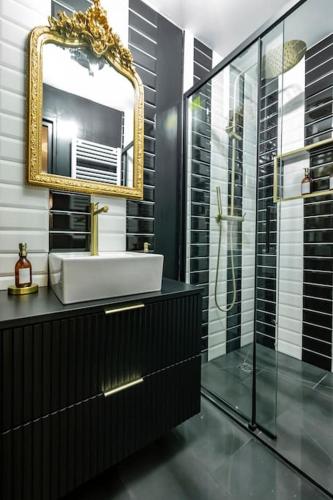 a bathroom with a sink and a mirror and a shower at Jacuzzi Deluxe - Penthouse in Saint-Maur-des-Fossés