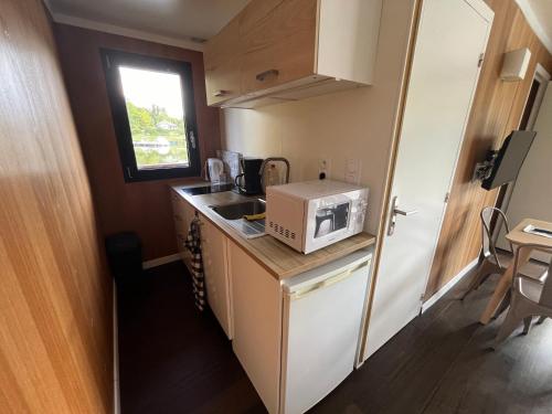 a small kitchen with a microwave on a counter at Domaine Saône-Valley in Traves