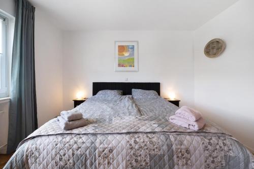 a bedroom with a large bed with two pink pillows at Ut Huuske in Dorsel
