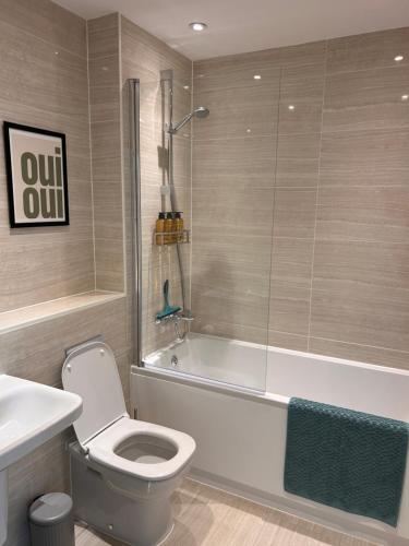 a bathroom with a toilet and a bath tub at Cloud Serviced Properties - Lovely One Bed with Sofa bed - Bracknell in Bracknell