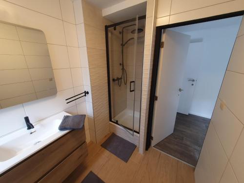 a bathroom with a shower and a sink at Douce Mathilde in Aywaille