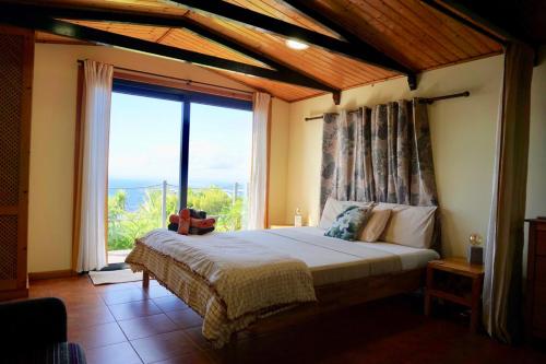 una camera da letto con un letto con una grande finestra di Ocean View Cottage a Ponta do Pargo