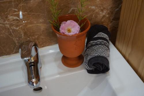un lavandino del bagno con un vaso di fiori e un asciugamano di Ocean View Cottage a Ponta do Pargo