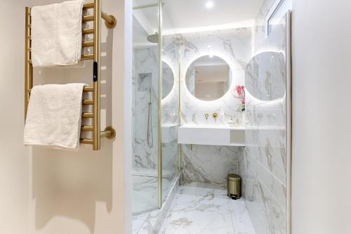 une salle de bain avec douche et lavabo dans l'établissement Duplex à deux pas des Champs Elysée, à Paris