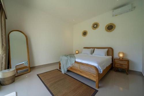 a bedroom with a bed and a mirror at Villa Margherita 3 Bedroom Canggu Swimming Pool in Canggu
