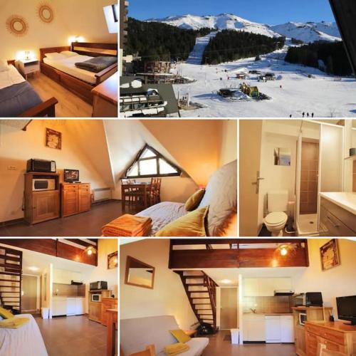 un collage de quatre photos d'une pièce dans l'établissement Studio duplex au pied des pistes, à Laveissière