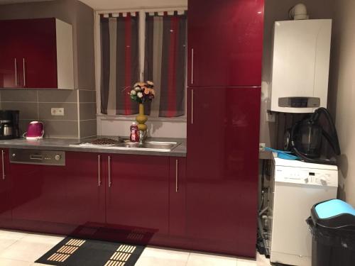 eine Küche mit roten Schränken und einem Kühlschrank in der Unterkunft Rochire Location 2 in Gérardmer