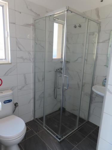 a bathroom with a shower with a toilet and a sink at Mariana Apartments in Sarandë