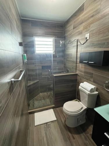 a bathroom with a toilet and a shower and a sink at Villa Carmin I - Apartment with Private Pool in Aguadilla
