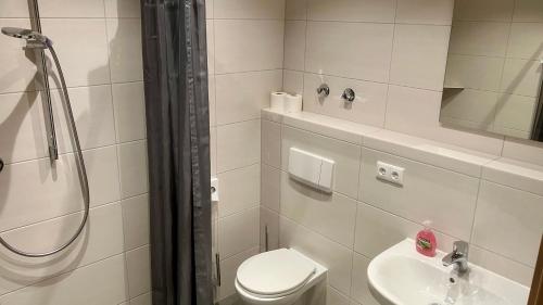 a bathroom with a shower and a toilet and a sink at ALPEN EXPERIENCE - CVJM Aktivzentrum Hintersee, Jugendgästehaus in Ramsau