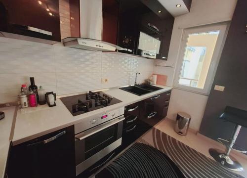 une cuisine avec une cuisinière et un évier dans l'établissement Tirana Lake Apartment, à Selitë e Vogël