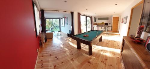 - un salon avec un billard sur du parquet dans l'établissement Le Gîte des Garrigues, à Brouzet-lès-Alès