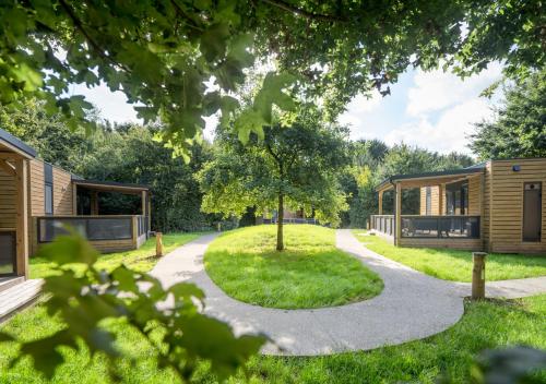 a path between two modular homes with a tree at Urban Gardens Ieper in Ypres