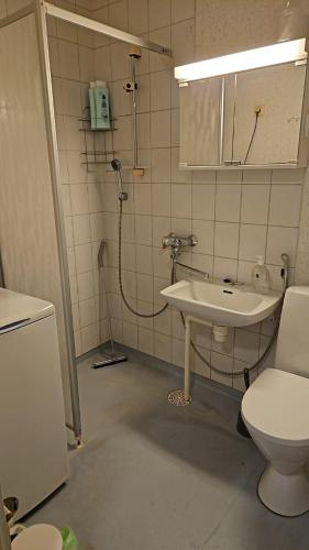 a bathroom with a toilet and a sink at Uitontie Apartment in Kajaani
