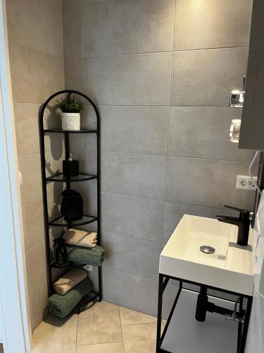 a bathroom with a shelf next to a sink at Ferienwohnung Emilio in Überlingen