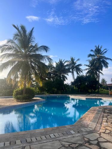 een zwembad met palmbomen op de achtergrond bij Golden Sun Studio Apartment in Ukunda