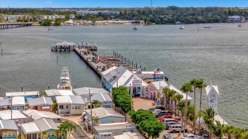 an aerial view of a harbor with a marina at Cheerful Pelican on Anna Maria Island in Bradenton Beach