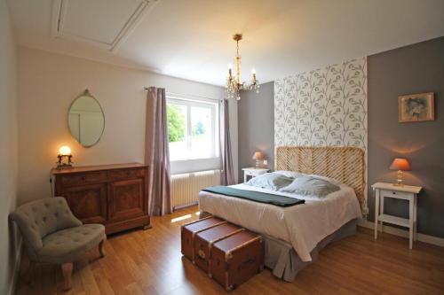 a bedroom with a bed and a chair and a mirror at La rode in Compreignac