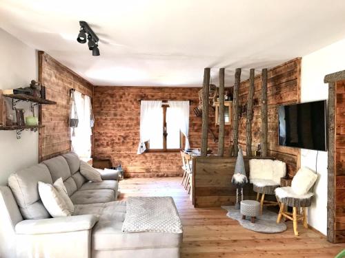 a living room with a couch and a tv at Chalet Apartment by Quokka 360 - Mountain apartment close to Sappada in Presenaio