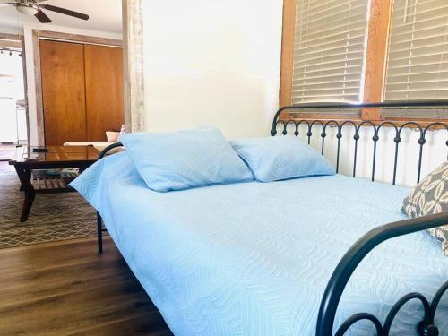 a bed with two blue pillows on top of it at Overlook Too! at Lake Koshkonong in Milton