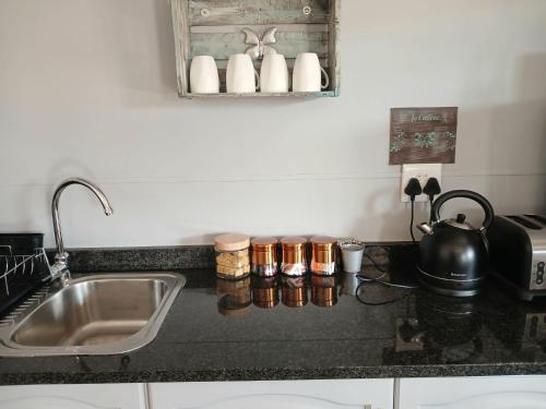 a kitchen counter with a sink and a tea kettle at Little Camelot in Langebaan