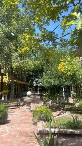 a park with benches and a fountain and trees at Hotel Olimpia Centro Histórico in Monclova