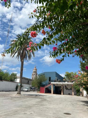 a palm tree and a building with a palm tree at Hotel Olimpia Centro Histórico in Monclova