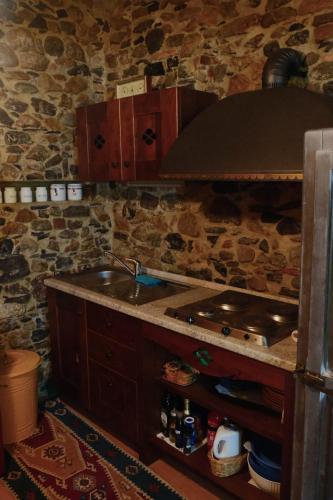 a kitchen with a sink and a stone wall at La Mimosa di Bellano in Bellano