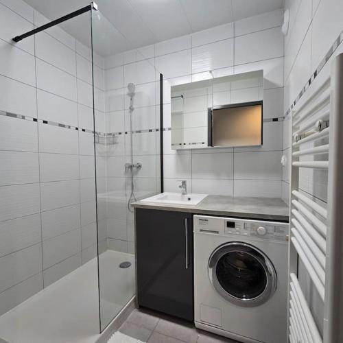 La salle de bains est pourvue d'un lave-linge et d'une douche. dans l'établissement Le Contemporain, à Ville-la-Grand