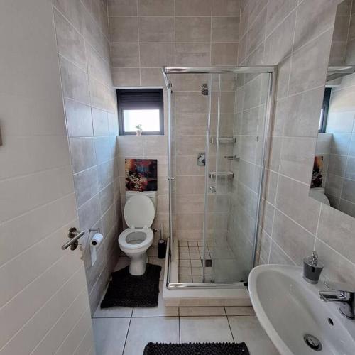 a bathroom with a shower and a toilet and a sink at Elegant Lifestyle Estate Getaway in Witfield