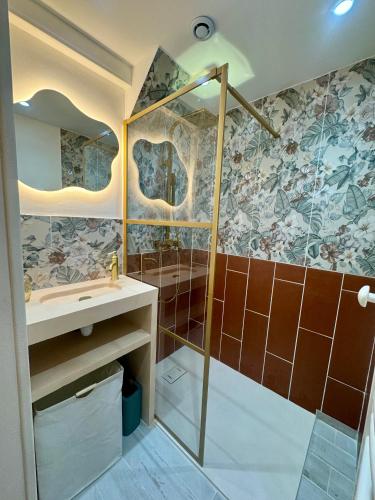 une salle de bain avec douche et lavabo dans l'établissement Appartement Pop Art, à Louviers