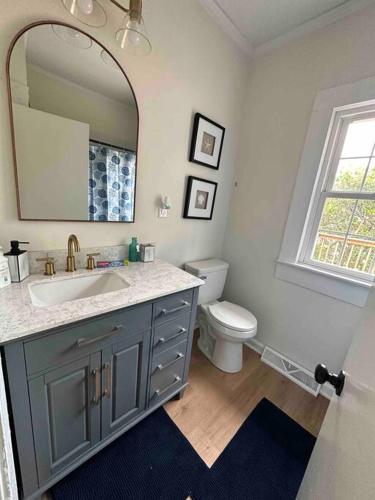 a bathroom with a sink and a toilet and a mirror at Beautiful Contemporary 2BDR in Concord