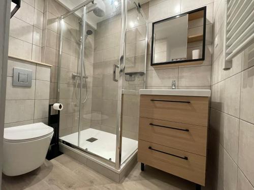 une salle de bain avec une douche, des toilettes et un lavabo dans l'établissement Studio avec mezzanine proche des pistes à Plagne Village - FR-1-181-2626, à La Plagne Tarentaise