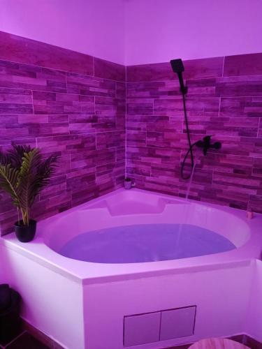 - une baignoire blanche dans une chambre avec un éclairage violet dans l'établissement La perle rare Chambly, Proche Parc Astérix , château de Chantilly, à Chambly