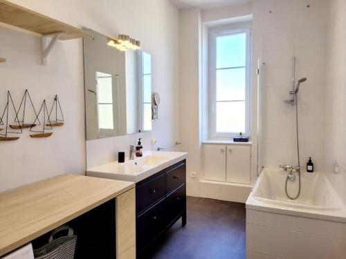 La salle de bains est pourvue d'un lavabo, d'une baignoire, d'un lavabo et d'un miroir. dans l'établissement Le Botanik - Haussmannien près jardin des plantes, à Nantes