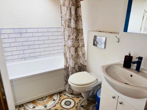 a bathroom with a toilet and a tub and a sink at Schei Braşov-Скей Брашов in Braşov