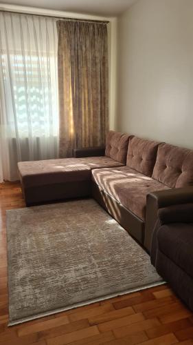 a brown couch in a living room with a window at Apartament Bogdan in Gura Humorului