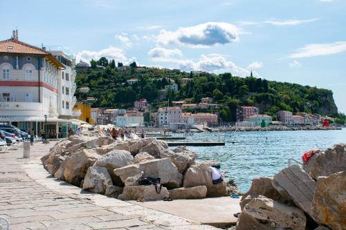 un grupo de rocas junto a un cuerpo de agua en Levstik apartment, en Piran