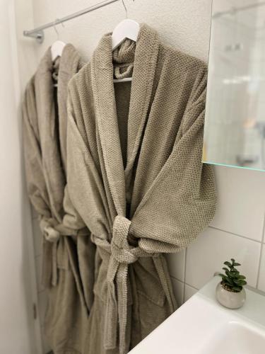 a towel hanging on a rack in a bathroom at Appartement "Villa Seeliebe" in Tägerwilen