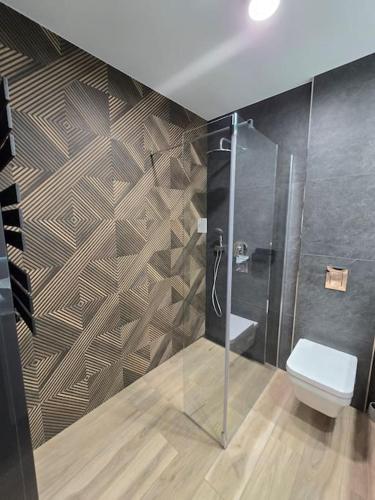 a bathroom with a toilet and a glass shower at Apartament Bulvary nad Odrą in Szczecin