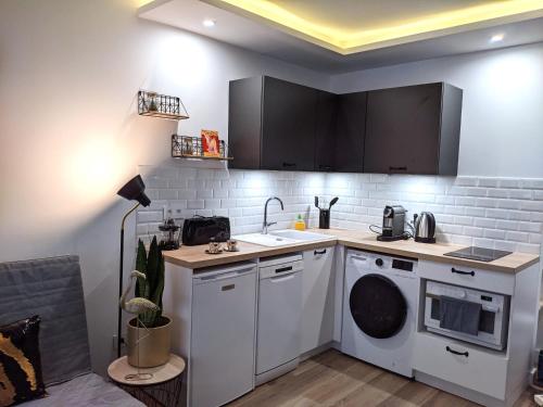 a kitchen with a sink and a washing machine at Centre Cannes 2-Bed Apt & garage 5min Croisette in Cannes