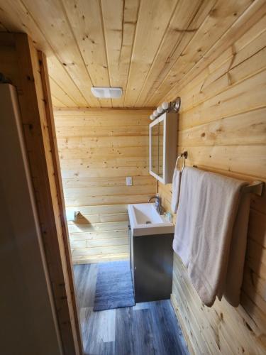 a wooden bathroom with a sink and a mirror at The Rocky Mountain Cabin in Apple Valley