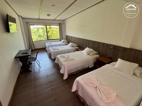 a room with four beds and a desk and a window at Lava House Hostal in Puerto Ayora