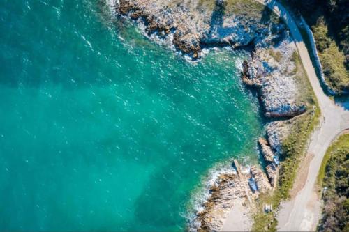 an aerial view of a beach and the ocean at Apartment in Ravni 46700 in Ravni