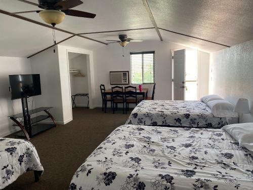 a bedroom with two beds and a table with a tv at K7 Bed and Breakfast in Pahrump